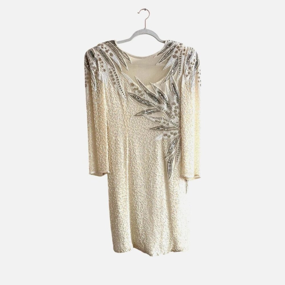1980s Ivory Beaded Mini Dress | AJ Bari Silk Glam | Vintage Wedding Reception Dr